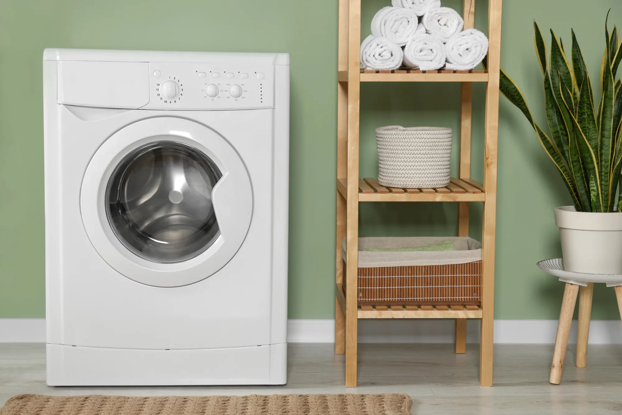 Laundry with washing machine and timber storage shelving