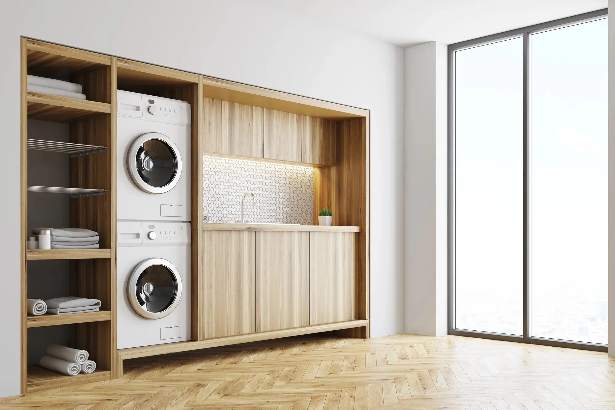 Built-in laundry cabinetry with stacked washer and dryer
